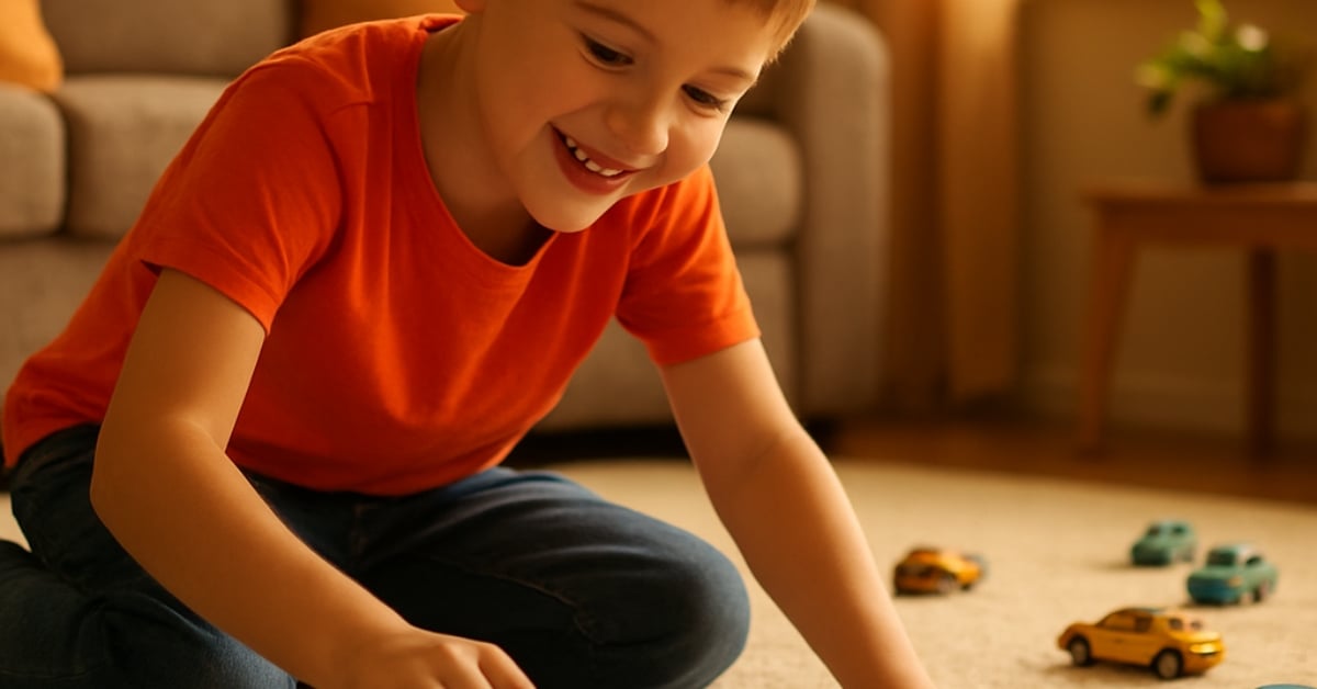 Autistic boy playing with cars