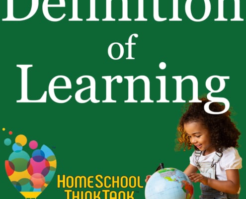 Definition of Learning: HomeSchool ThinkTank logo and girl looking at globe.