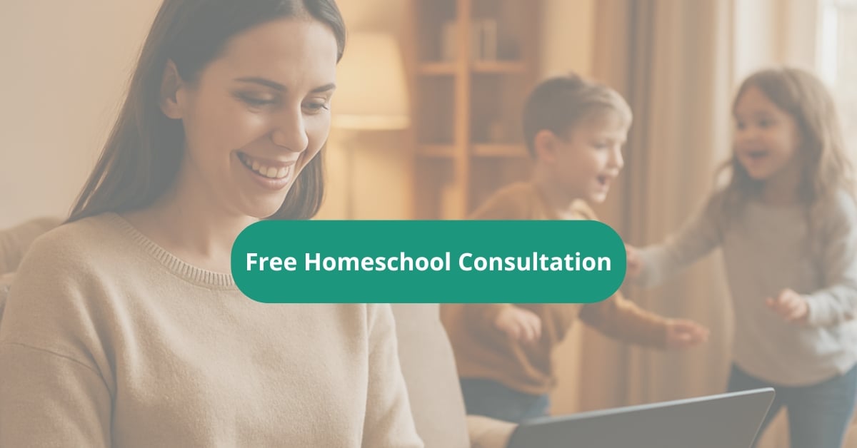 Free Homeschool Consultation: Mom looking at laptop with kids in background