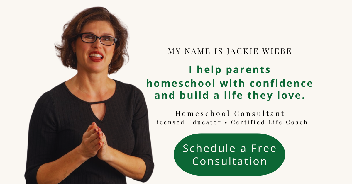 My name is Jackie Wiebe. I help parents homeschool with confidence and build a life they love. Homeschool Consultant, Licensed Educator, Certified Life Coach (Image of Jackie Wiebe, founder of HomeSchool ThinkTank)